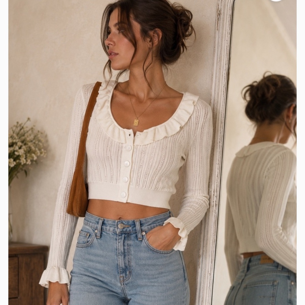 For Love & Lemons Camille Pointelle Knit Sweater Cardigan
